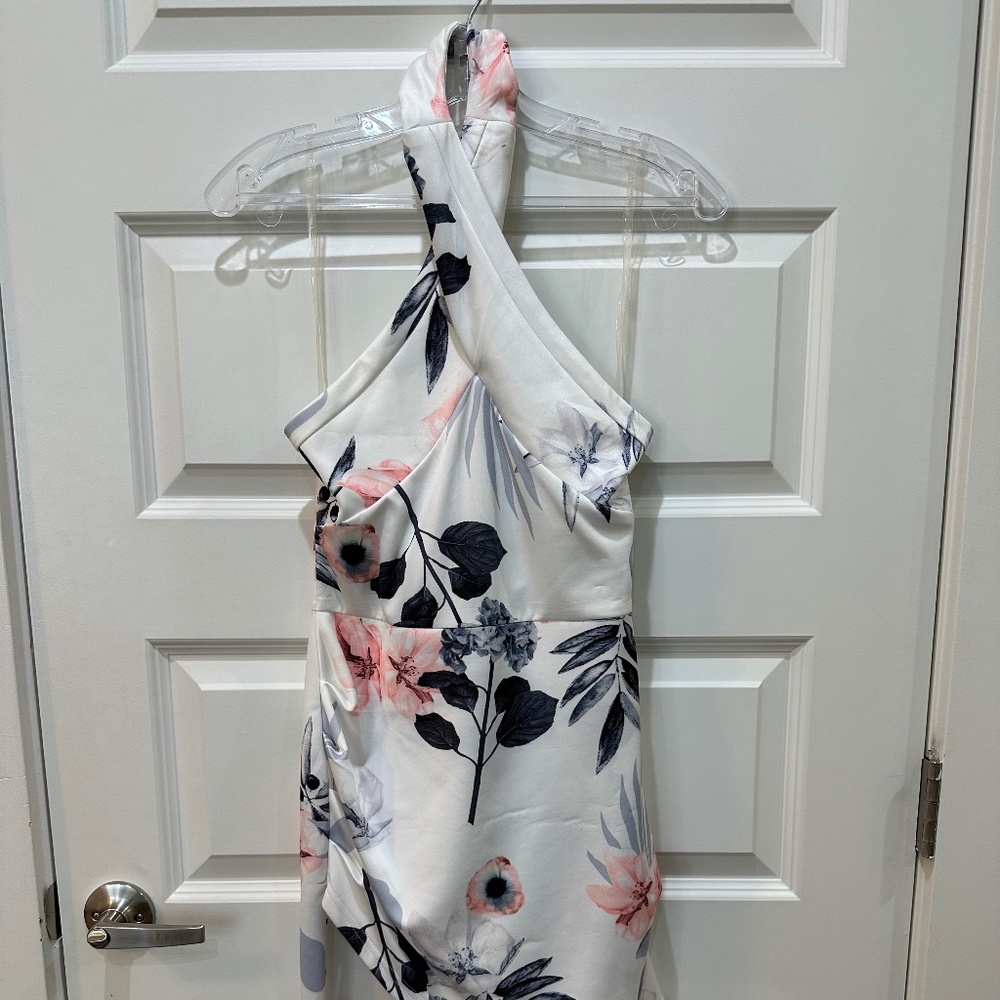 Parisian Floral Asymmetrical Cross Halter Dress